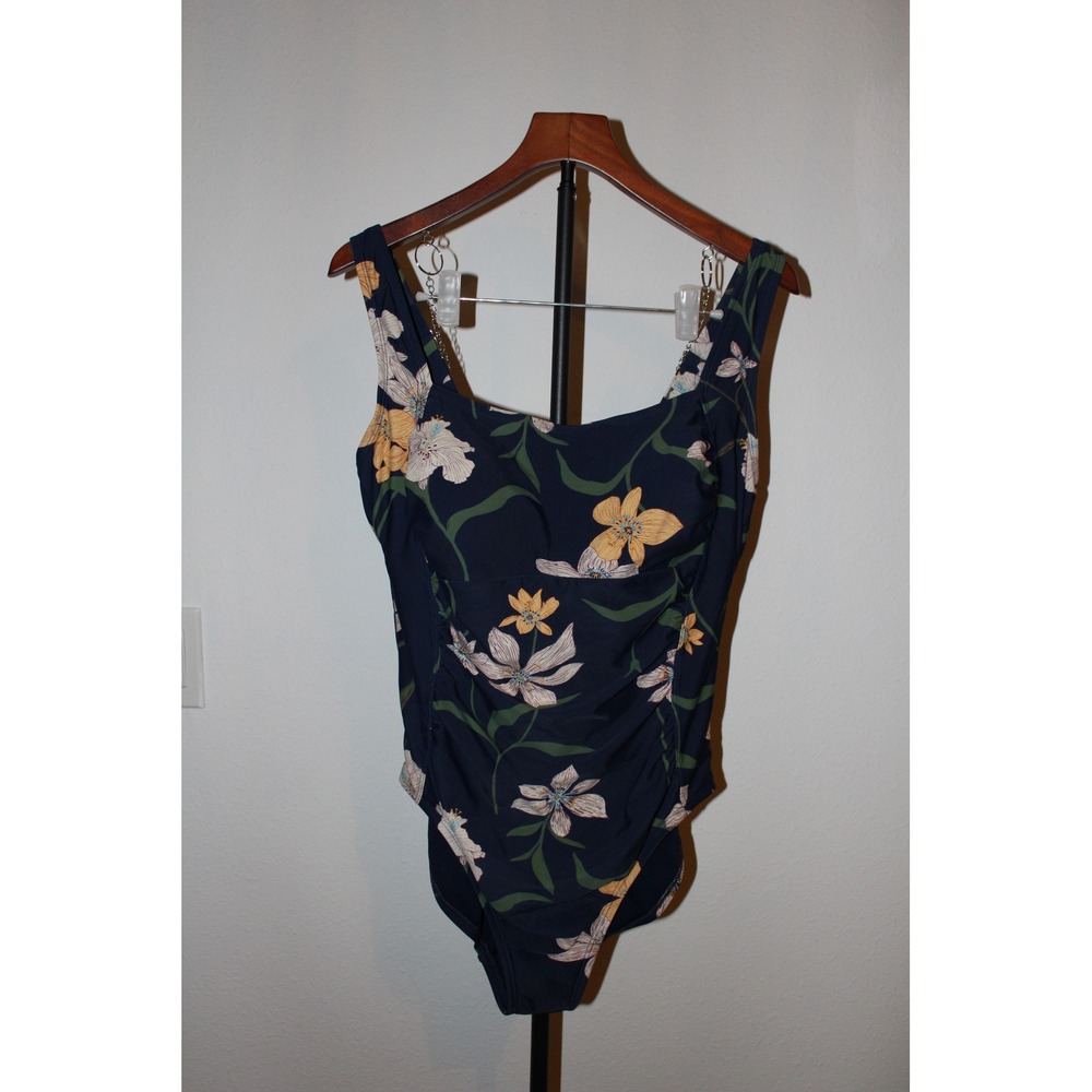 Shade & Shore Women's Navy Floral Ruched One Piece Swimsuit Size 16 Square Neck